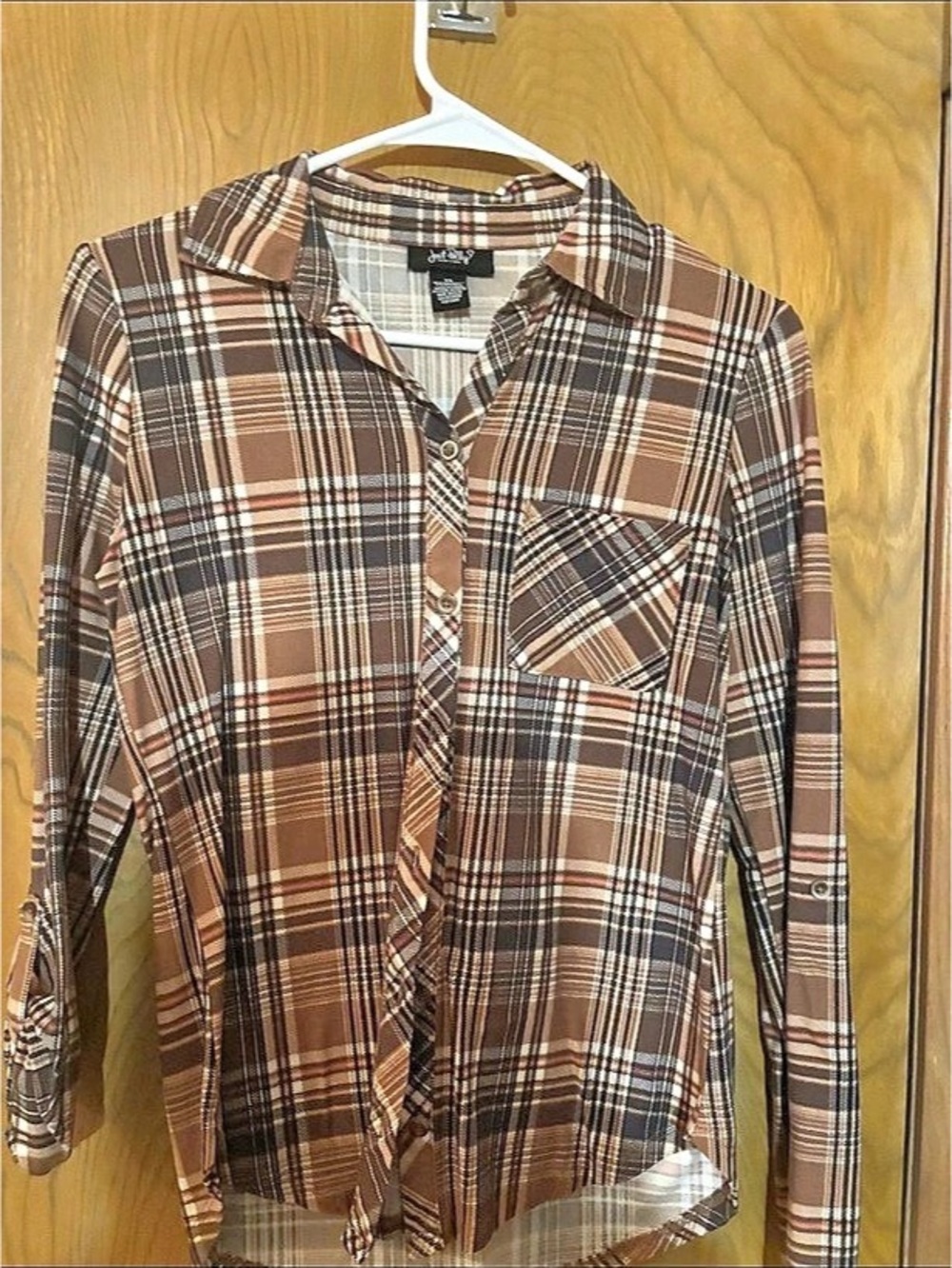 SO Women's Plaid Button Down Shirt in Brown & White